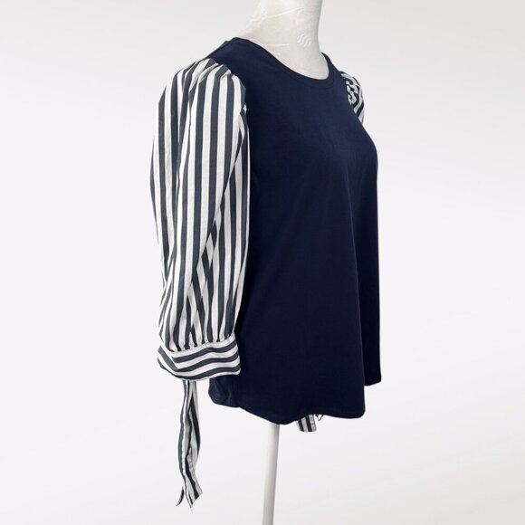 Chico’s Striped Puff Sleeve Tie Cuff Blouse Navy Top Size Medium - Picture 6 of 8
